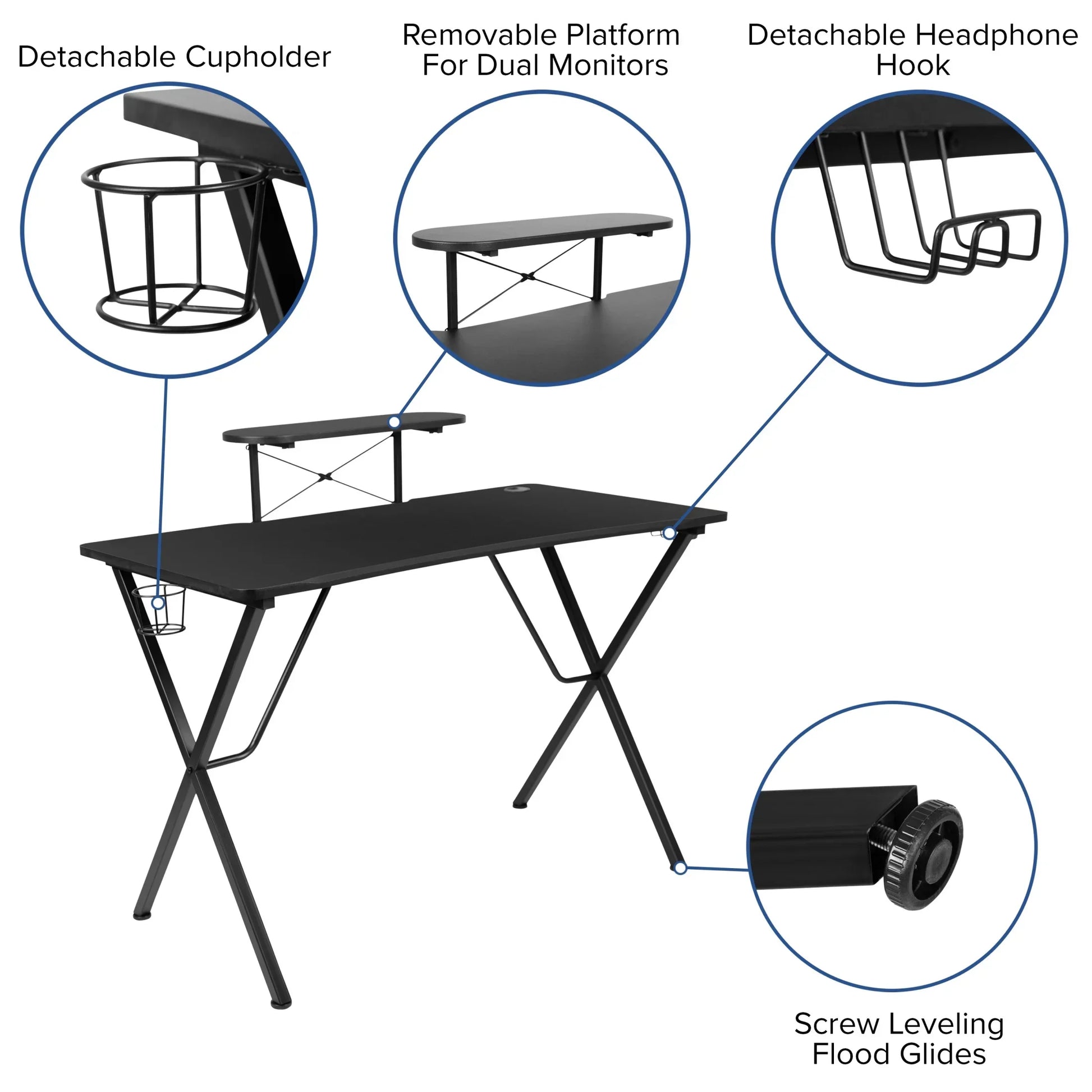 Black gaming desk with detachable cupholder, headphone hook, removable platform for dual monitors, and adjustable leveling glides