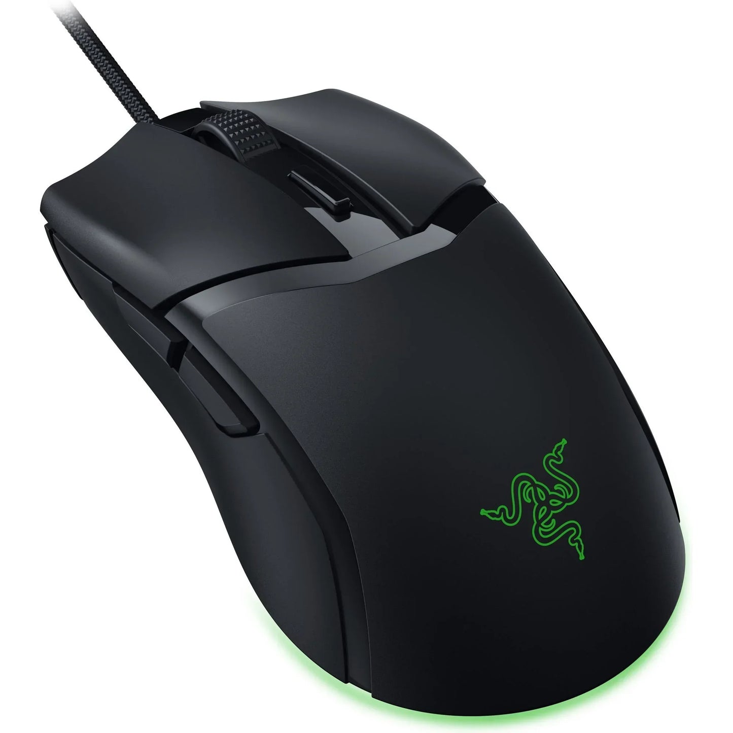 Black wired gaming mouse with textured scroll wheel, side buttons, and green Razer logo lighting
