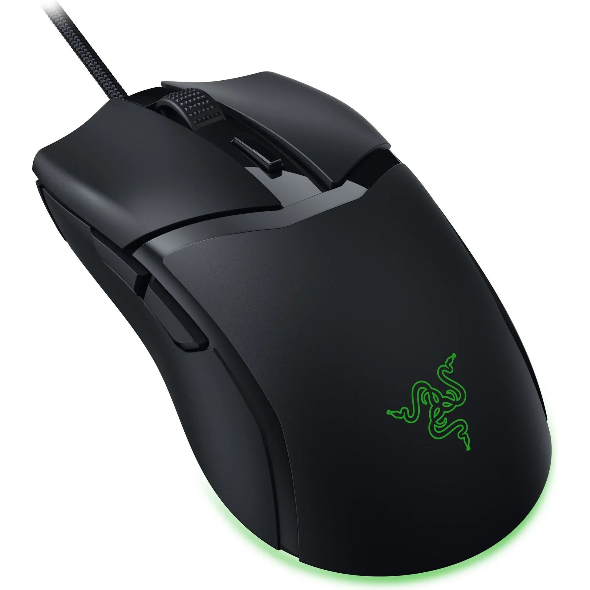 Black wired gaming mouse with textured scroll wheel, side buttons, and green Razer logo lighting