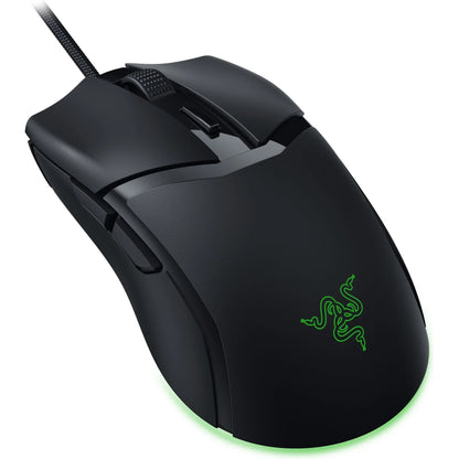 Black wired gaming mouse with textured scroll wheel, side buttons, and green Razer logo lighting