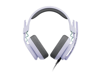 Light purple wired gaming headset with gray padded ear cups and adjustable headband