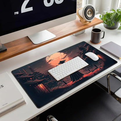Modern desk setup with white keyboard and mouse on a large gaming mouse pad featuring a dark samurai landscape under an orange full moon