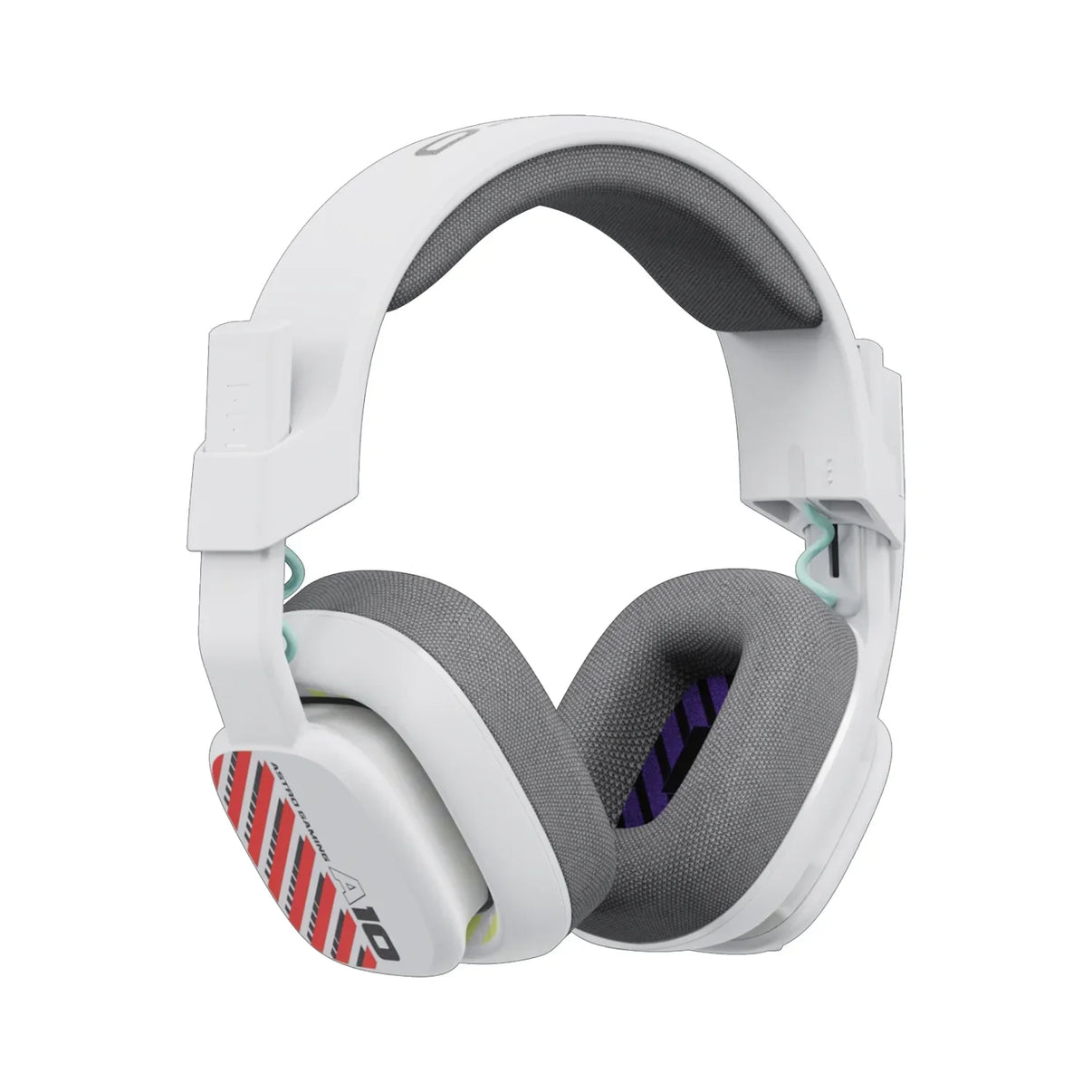 White over-ear gaming headphones with gray cushioned ear pads and red diagonal stripes on ear cups