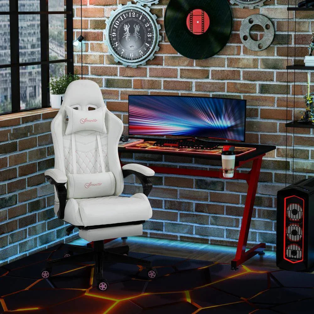 Modern gaming setup with white ergonomic gaming chair, curved ultrawide monitor, RGB-lit desk, and brick wall décor