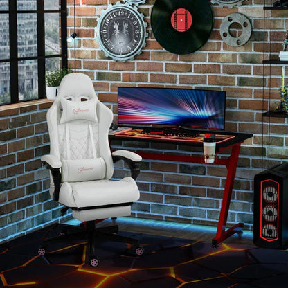 Modern gaming setup with white ergonomic gaming chair, curved ultrawide monitor, RGB-lit desk, and brick wall décor