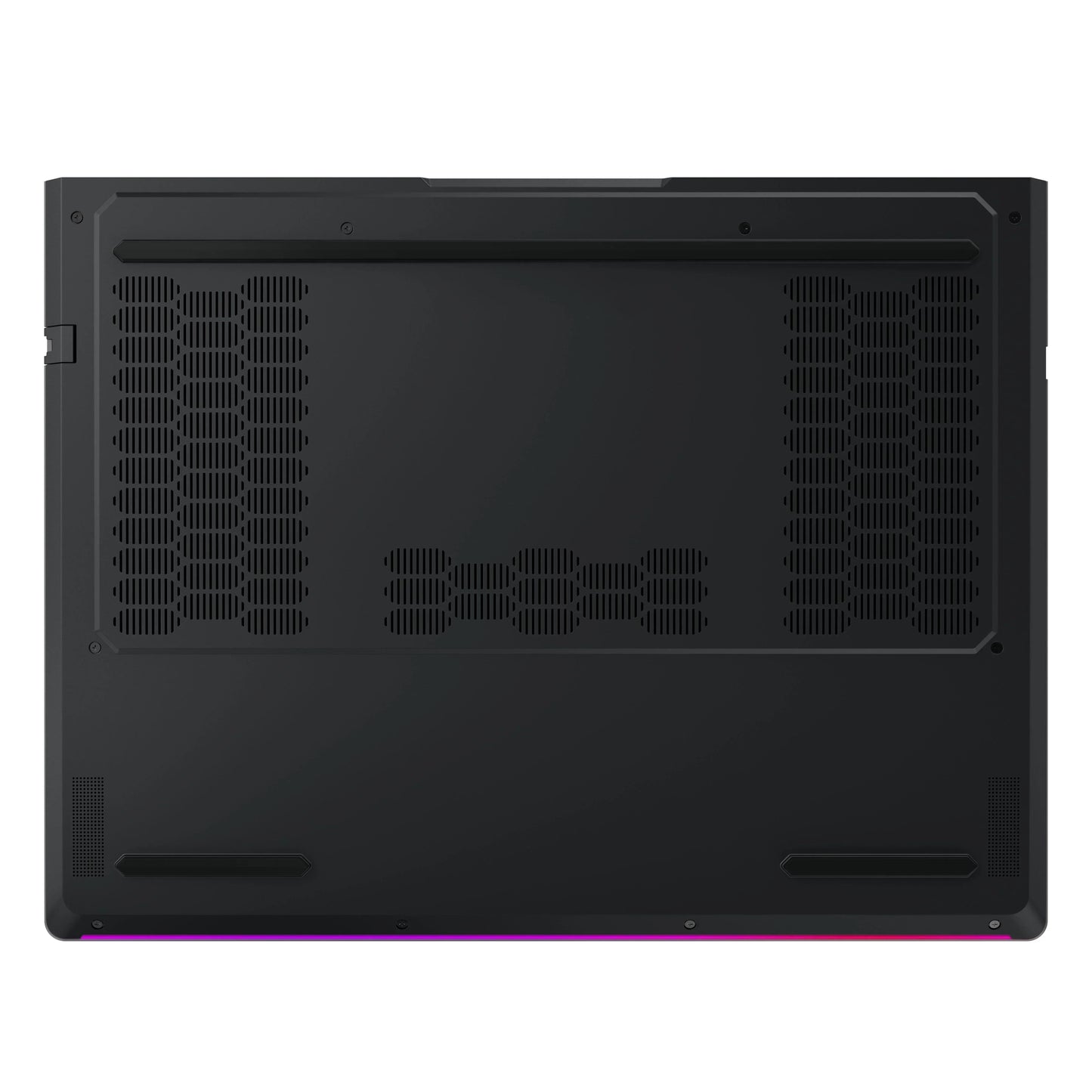 Bottom view of a black gaming laptop with large cooling vents and ventilation grills