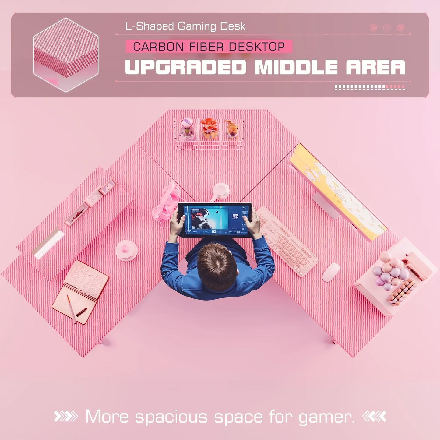 L-Shaped Gaming Desk 51.2 Inches Corner Office Gaming Desk with Removable Monitor Riser, Pink