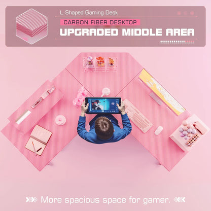 L-Shaped Gaming Desk 51.2 Inches Corner Office Gaming Desk with Removable Monitor Riser, Pink