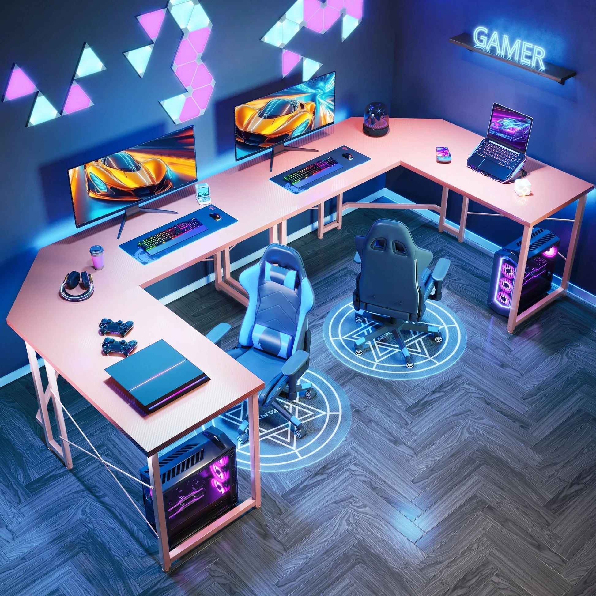 Computer Desk L Shaped, 51 Inch Reversible L Shaped Desk, Gaming Desk, Home Office Desk, Pink