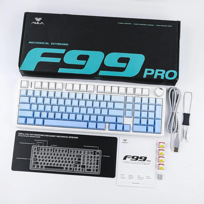 AULA F99 Pro mechanical keyboard set with blue and white keycaps, RGB switches, cable, and accessories.