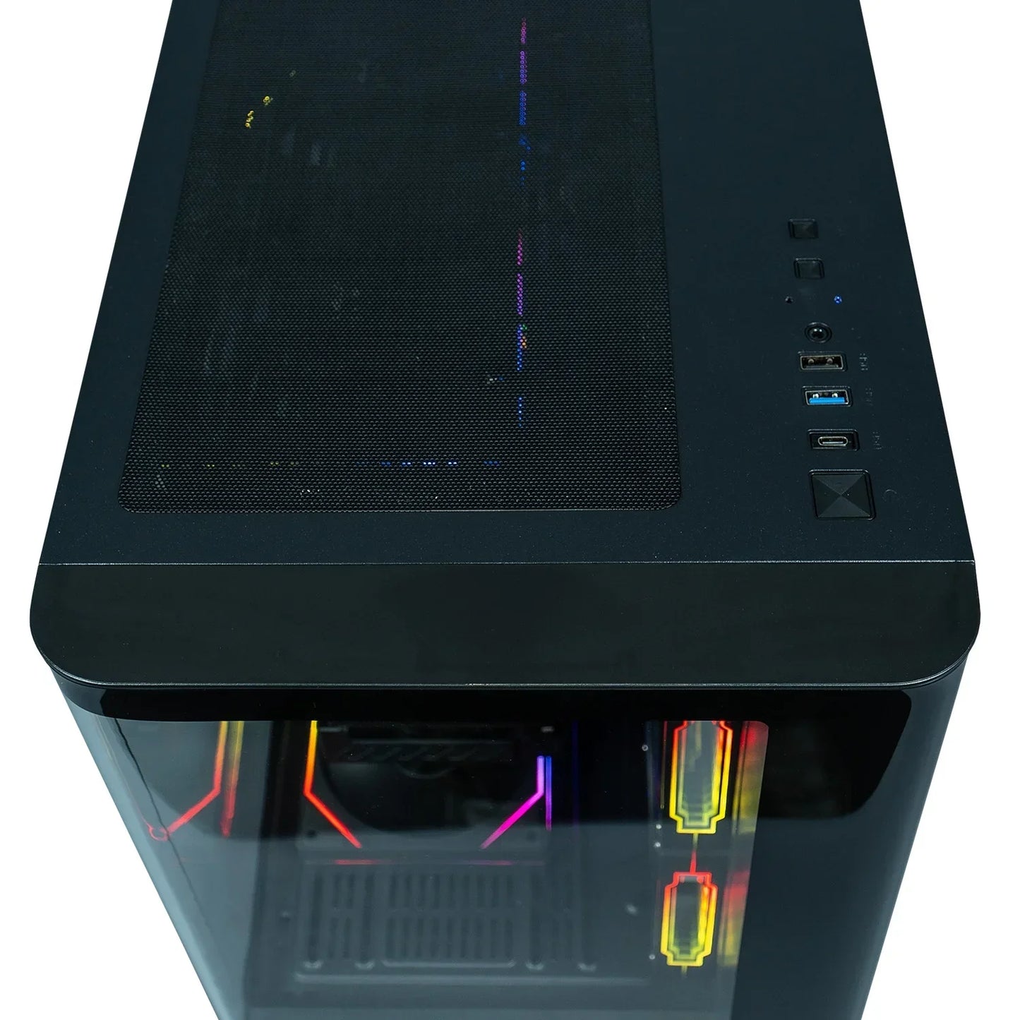 Black gaming PC tower with tempered glass side panel and RGB lighting inside, showing ports and top ventilation mesh