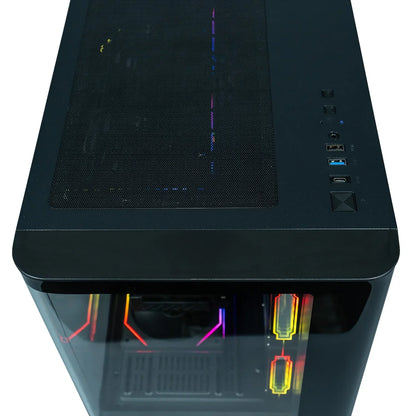 Black gaming PC tower with tempered glass side panel and RGB lighting inside, showing ports and top ventilation mesh