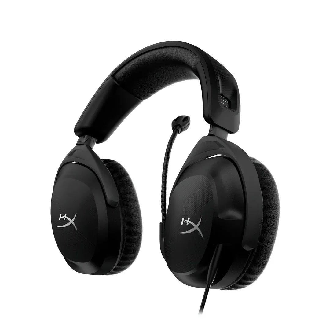 Black HyperX gaming headset with padded ear cups and adjustable microphone on white background