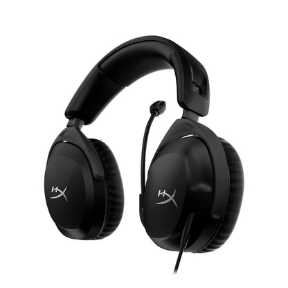 Black HyperX gaming headset with padded ear cups and adjustable microphone on white background