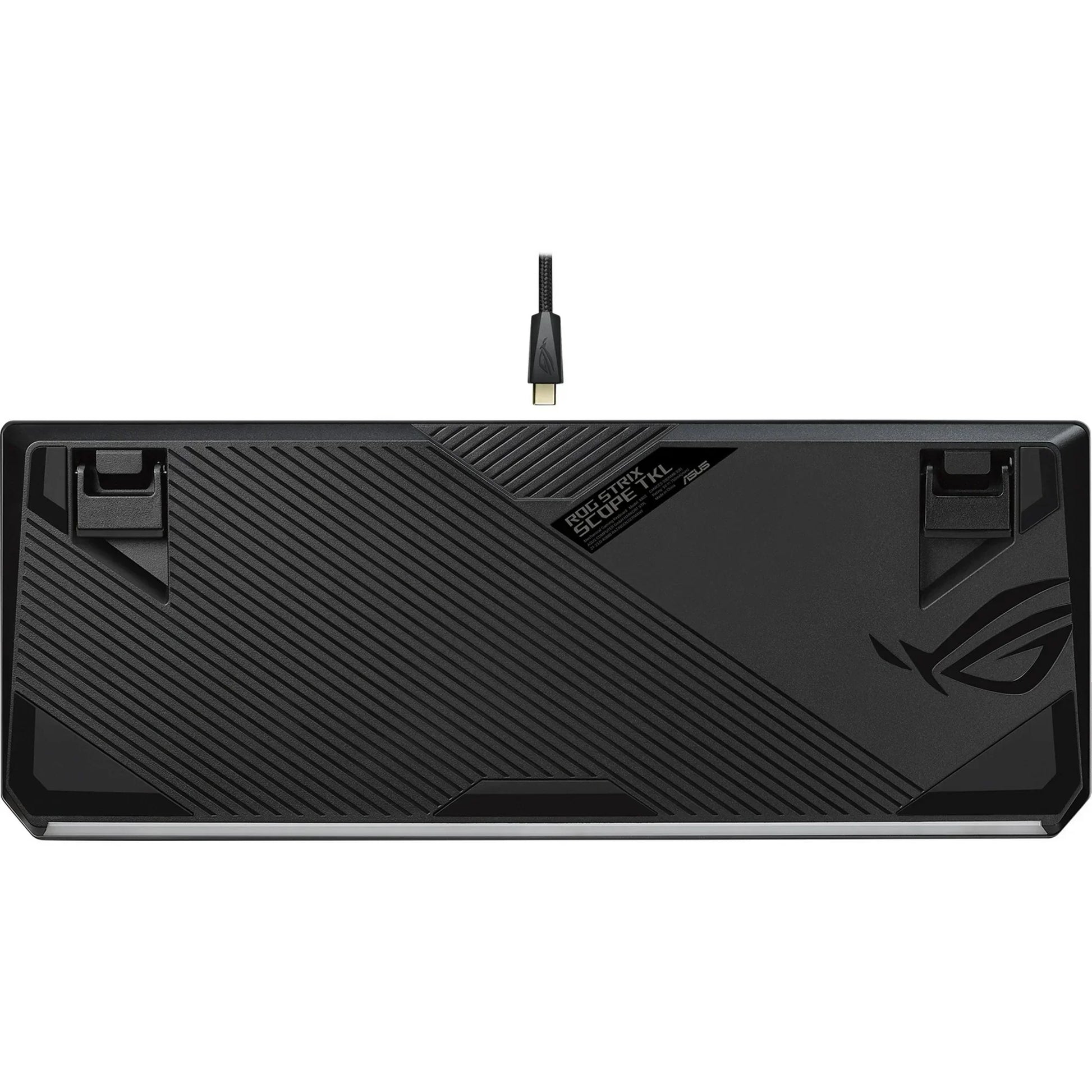 Bottom view of ASUS ROG Strix Scope TKL gaming keyboard with textured grip, foldable feet, and detachable USB-C cable