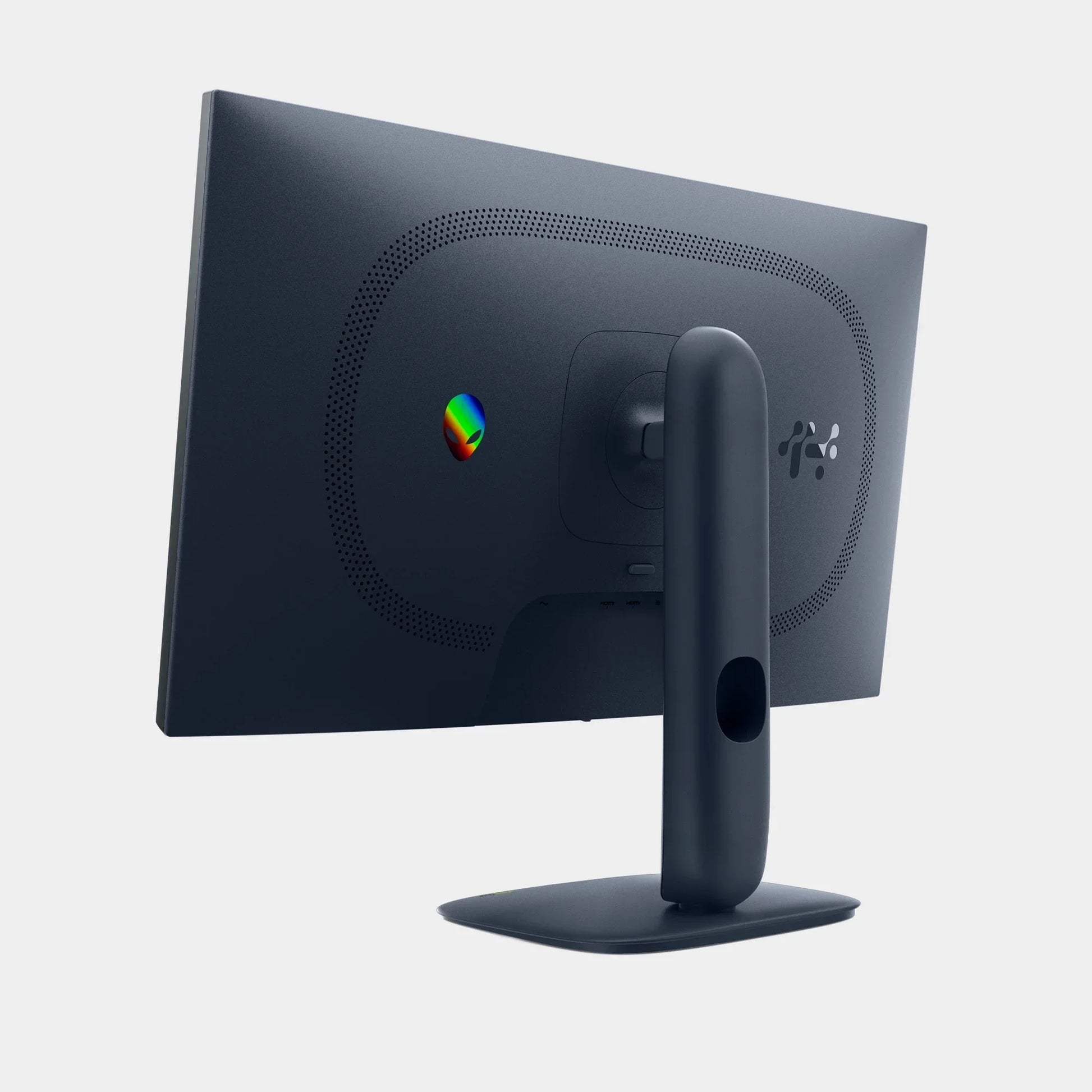 Rear view of sleek black Alienware gaming monitor with rounded perforated vents and adjustable stand