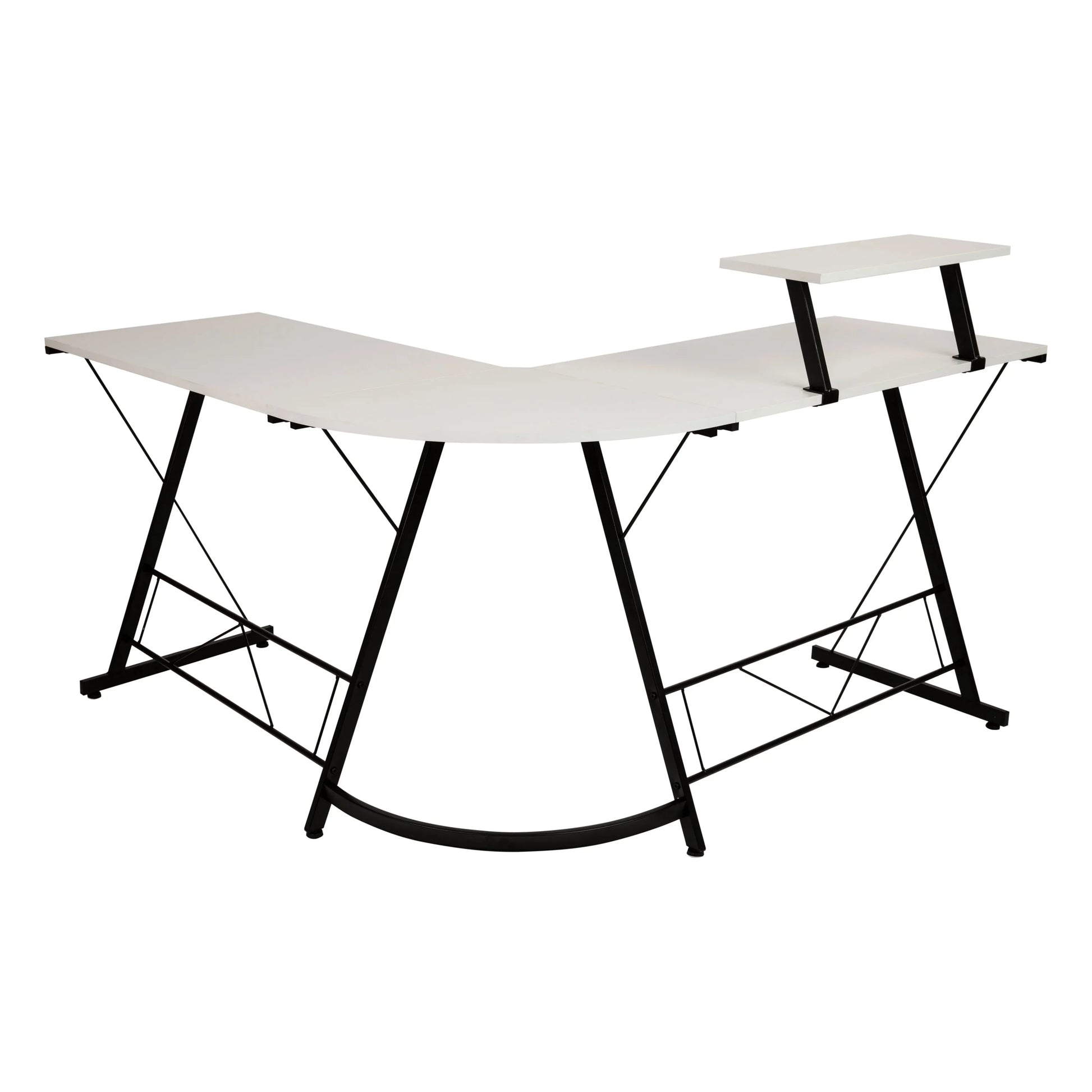 Modern L-shaped white corner desk with black metal frame and elevated monitor shelf