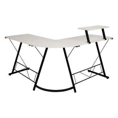 Modern L-shaped white corner desk with black metal frame and elevated monitor shelf