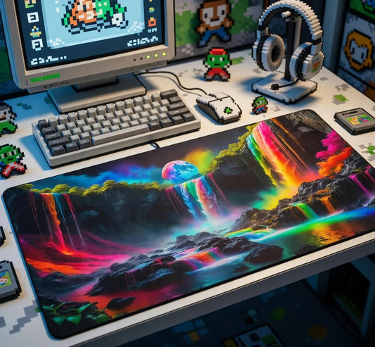 Retro gaming desk setup with mechanical keyboard, pixel art decor, and RGB waterfall desk mat