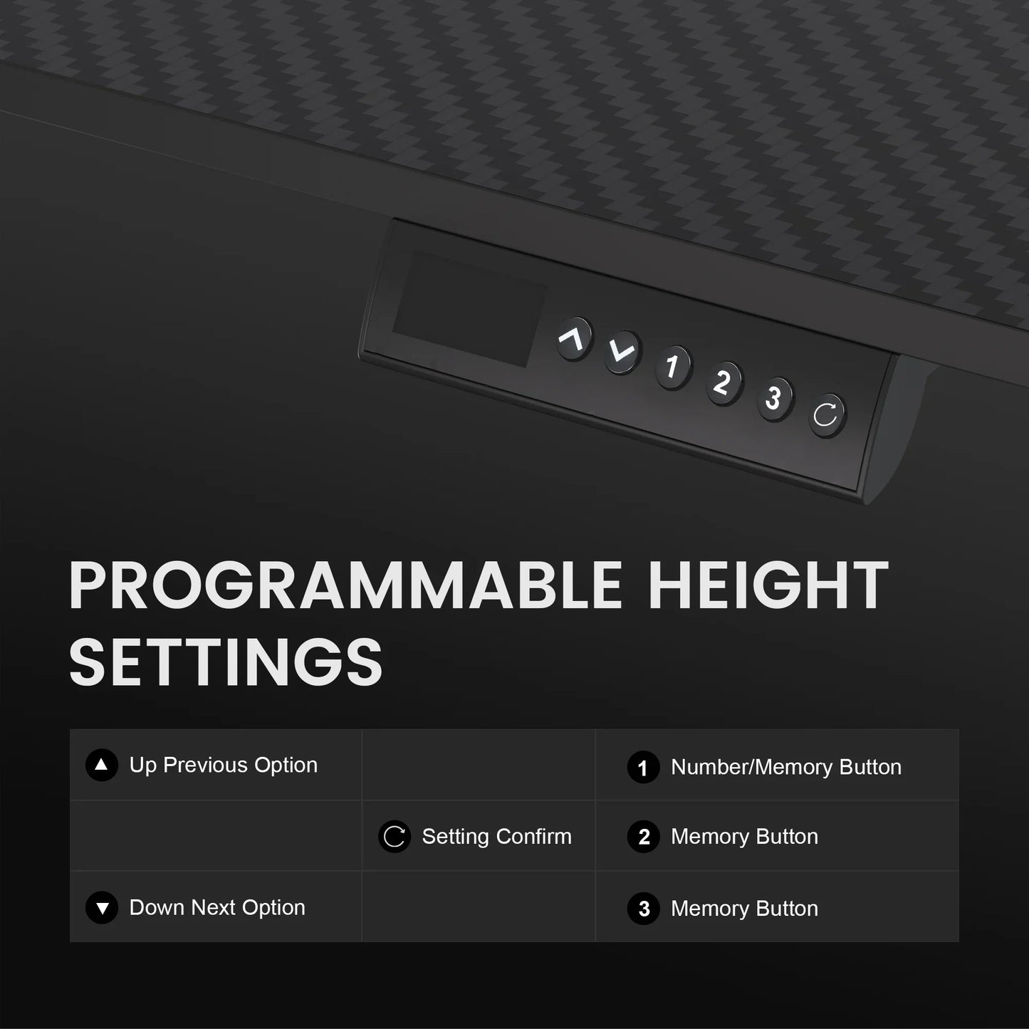 Programmable height settings control panel with digital display and memory buttons on a carbon fiber surface