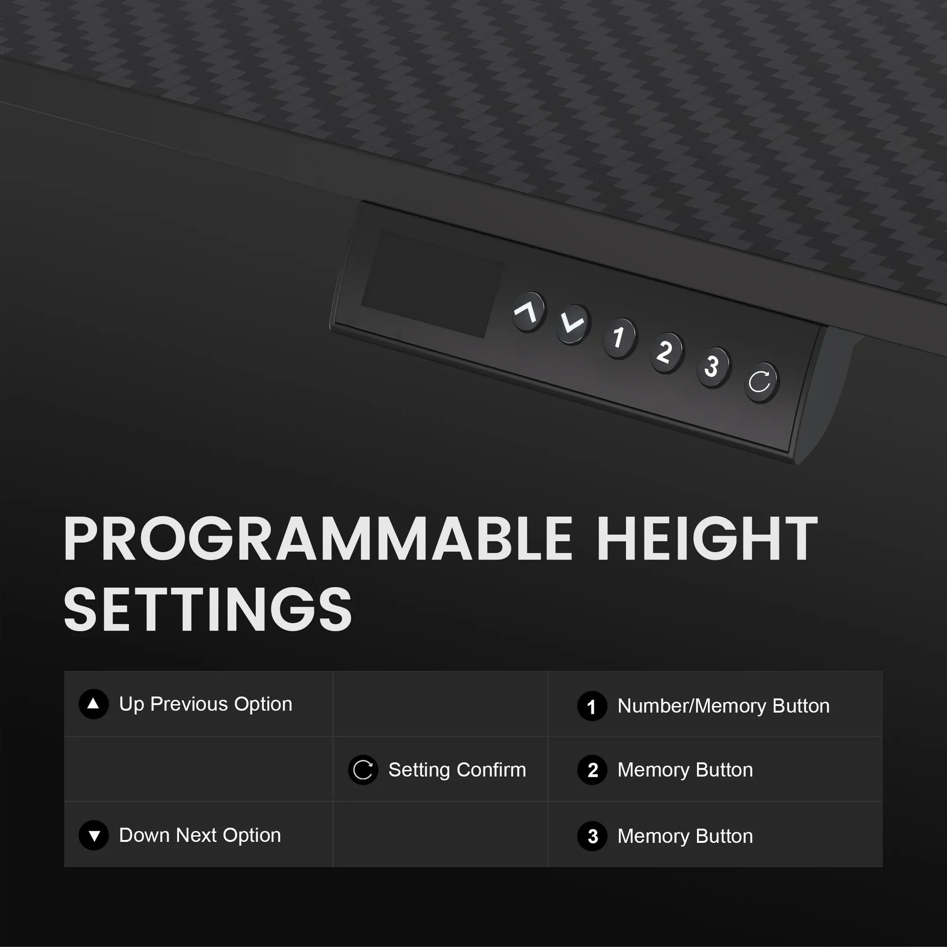 Programmable height settings control panel with digital display and memory buttons on a carbon fiber surface