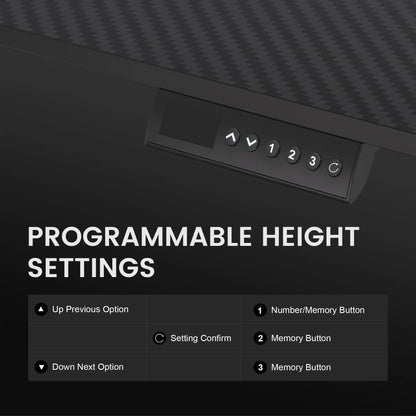 Programmable height settings control panel with digital display and memory buttons on a carbon fiber surface