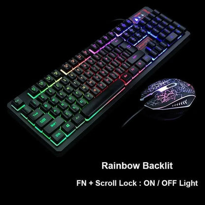 Rainbow backlit gaming keyboard and cracked pattern LED gaming mouse on black background