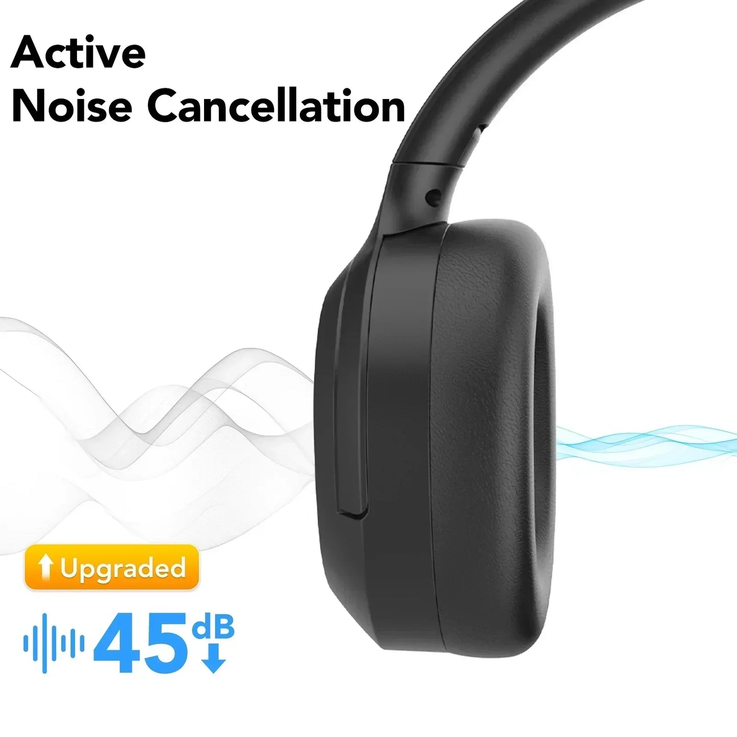 Black over-ear gaming headset with active noise cancellation, upgraded 45dB reduction