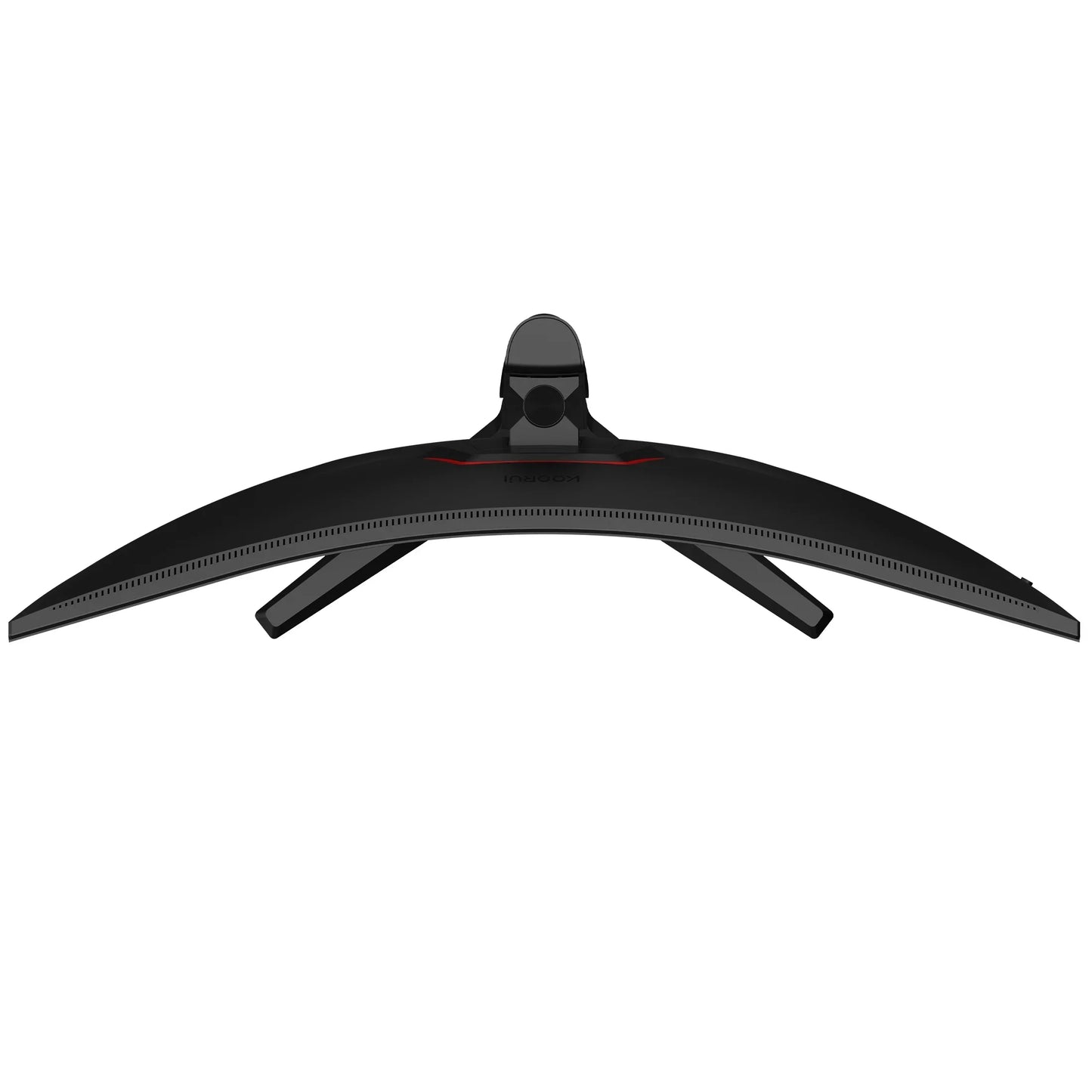 Top view of a curved widescreen gaming monitor with black stand on white background