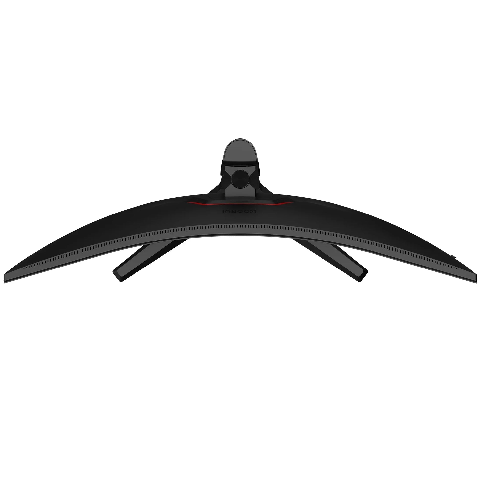 Top view of a curved widescreen gaming monitor with black stand on white background