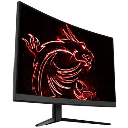 MSI curved gaming monitor with red neon dragon graphic on screen and black stand