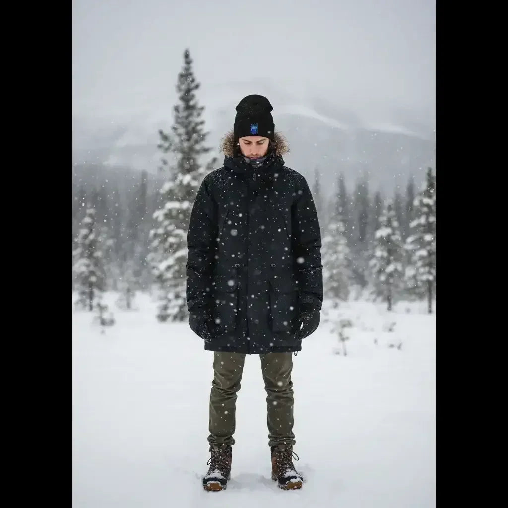 Man wearing black winter coat and beanie standing in snowy forest during snowfall