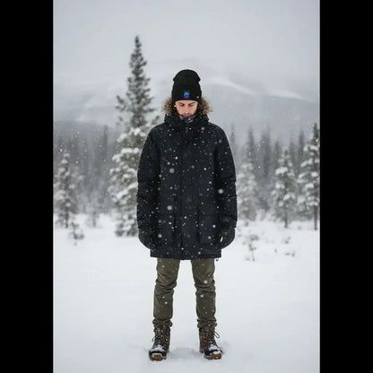 Man wearing black winter coat and beanie standing in snowy forest during snowfall