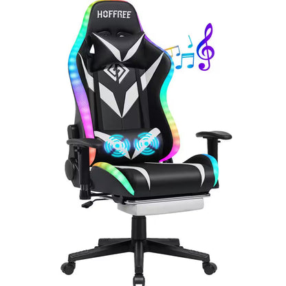RGB gaming chair with built-in speakers, lumbar support, and music notes, perfect for gamers