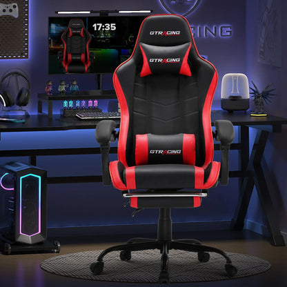 Black and red GTRACING gaming chair with lumbar and headrest pillows in a modern gaming setup