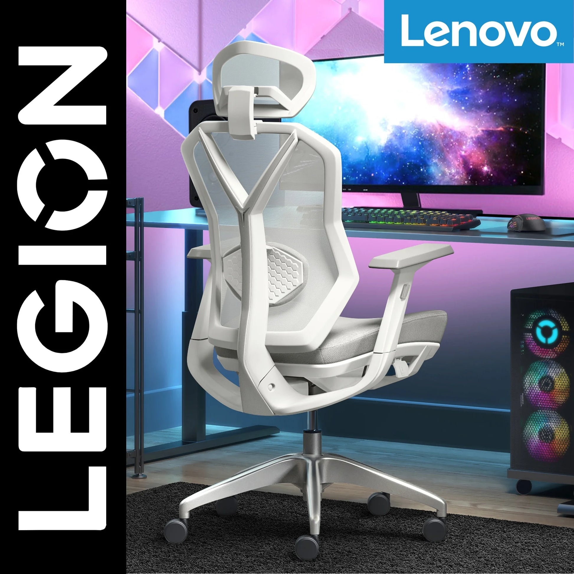 White Lenovo Legion gaming chair with mesh back, headrest, and lumbar support in RGB-lit setup