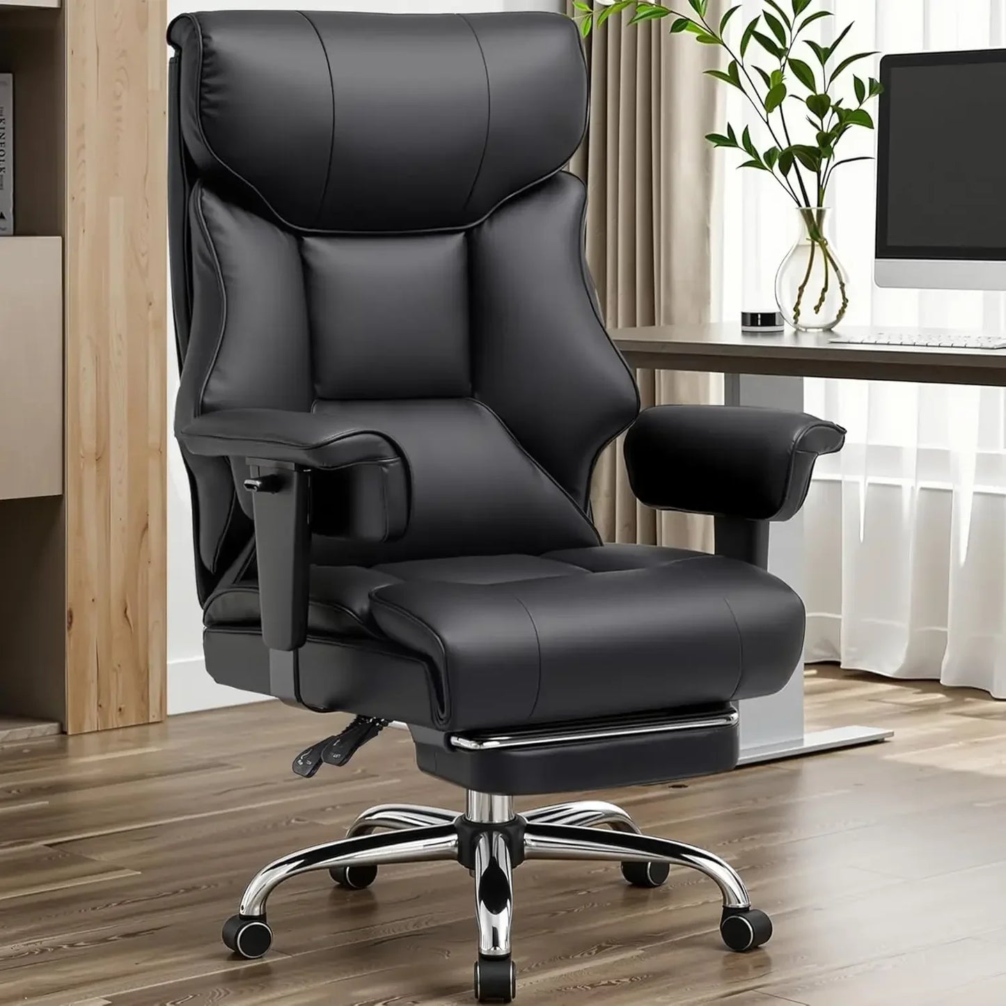 Black ergonomic gaming office chair with lumbar support, headrest, and footrest in modern workspace