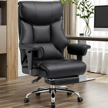 Black ergonomic gaming office chair with lumbar support, headrest, and footrest in modern workspace