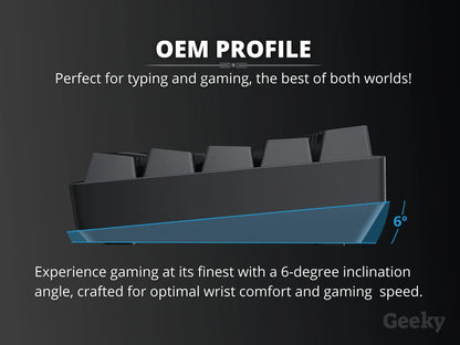 Side view of a gaming keyboard with OEM profile and 6-degree ergonomic tilt, Byte Style.