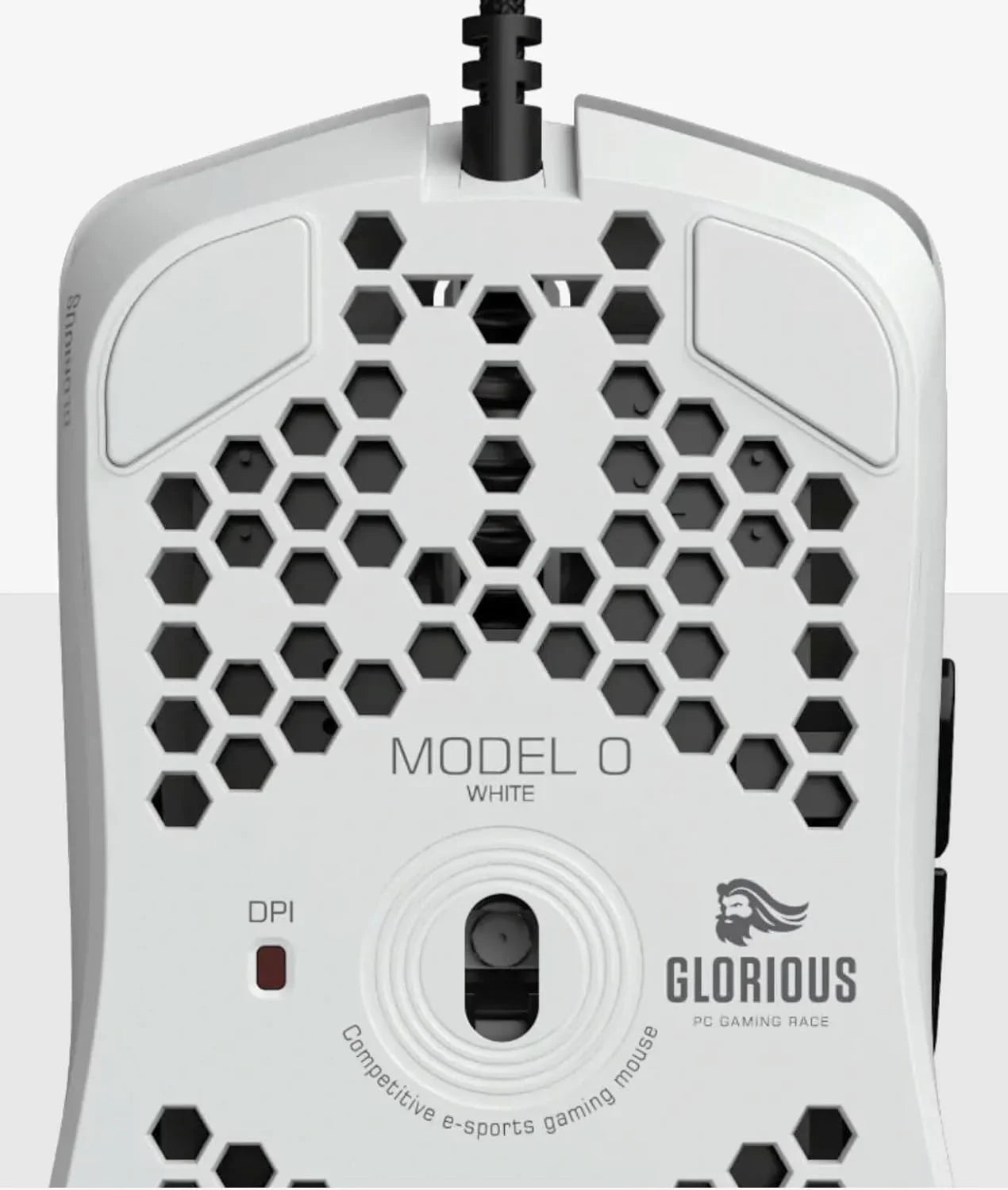 White Glorious Model O lightweight gaming mouse with honeycomb shell and DPI button