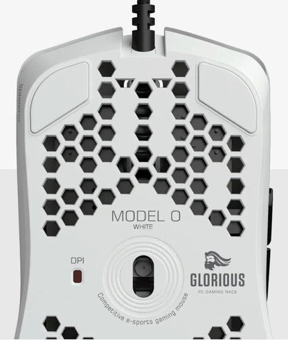 White Glorious Model O lightweight gaming mouse with honeycomb shell and DPI button