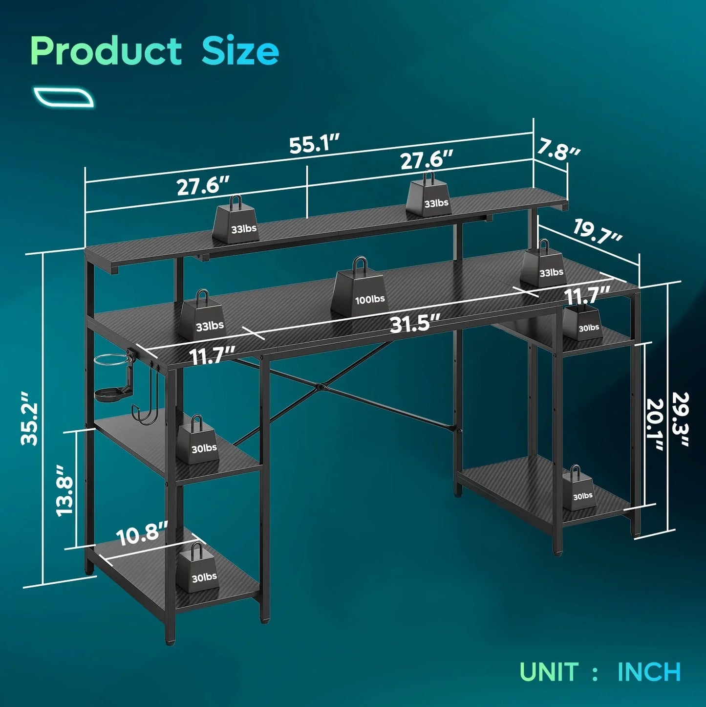 Black L-shaped computer desk with shelves, weight capacities, and detailed inch measurements