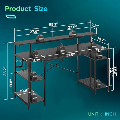 Black L-shaped computer desk with shelves, weight capacities, and detailed inch measurements