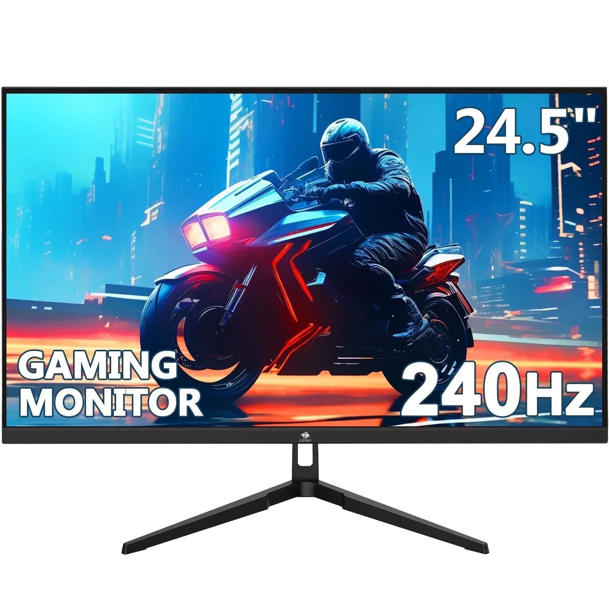 24.5-inch 240Hz gaming monitor displaying futuristic motorcycle rider in neon cityscape
