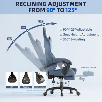 Blue gaming chair with 90°-125° recline, height adjustment, 360° swivel, and retractable footrest
