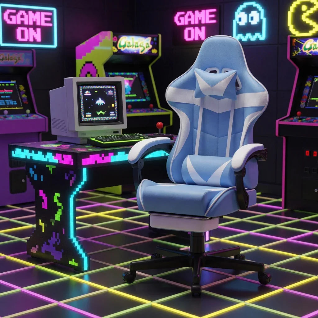 Blue gaming chair with white accents in retro arcade setup, neon lights, pixel art desk, Galaga machines