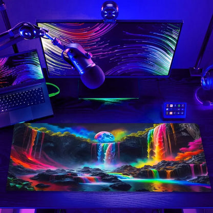 Gaming desk setup with RGB lighting, widescreen monitor, laptop, microphone, and vibrant rainbow waterfall mousepad
