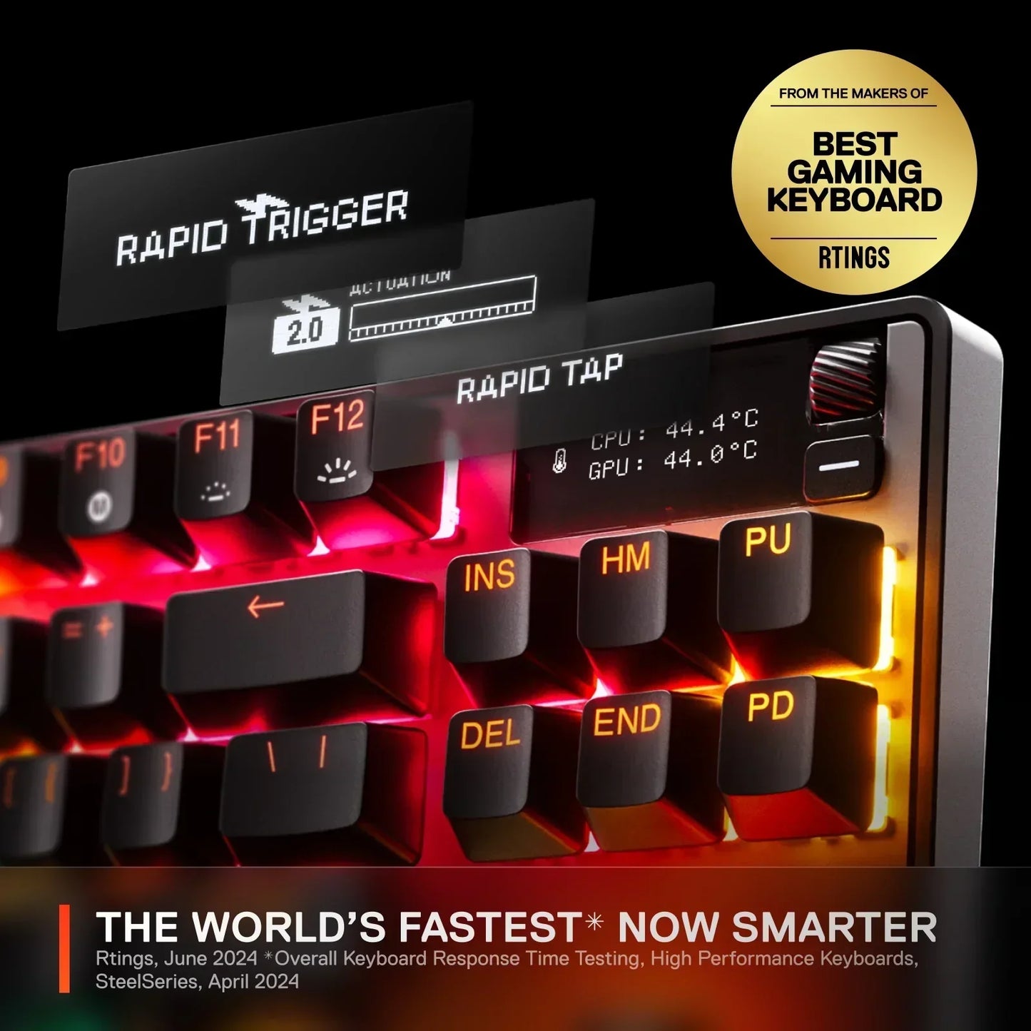 RGB mechanical gaming keyboard with rapid trigger feature, glowing keys, and winner of best gaming keyboard award