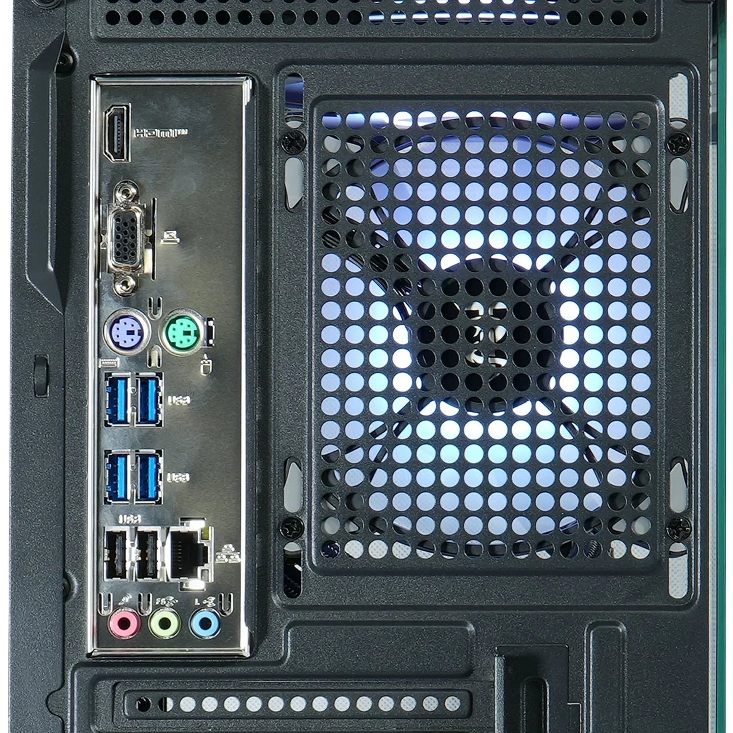 Close-up of a gaming PC rear I/O panel with multiple ports and illuminated cooling fan