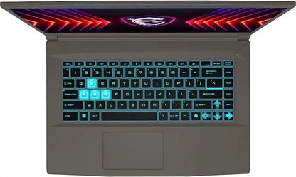 RGB backlit gaming laptop keyboard with highlighted WASD keys and illuminated display